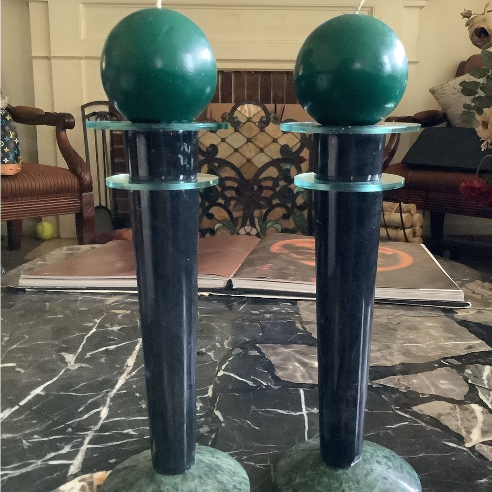 Milano series marble lucite tapered candlestick holders 9.5 inches tall